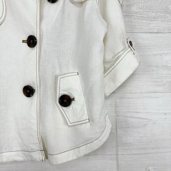 Chico’s 100% Linen Cropped Trench Jacket Women Small White Roll Sleeve Pockets - Picture 5 of 16